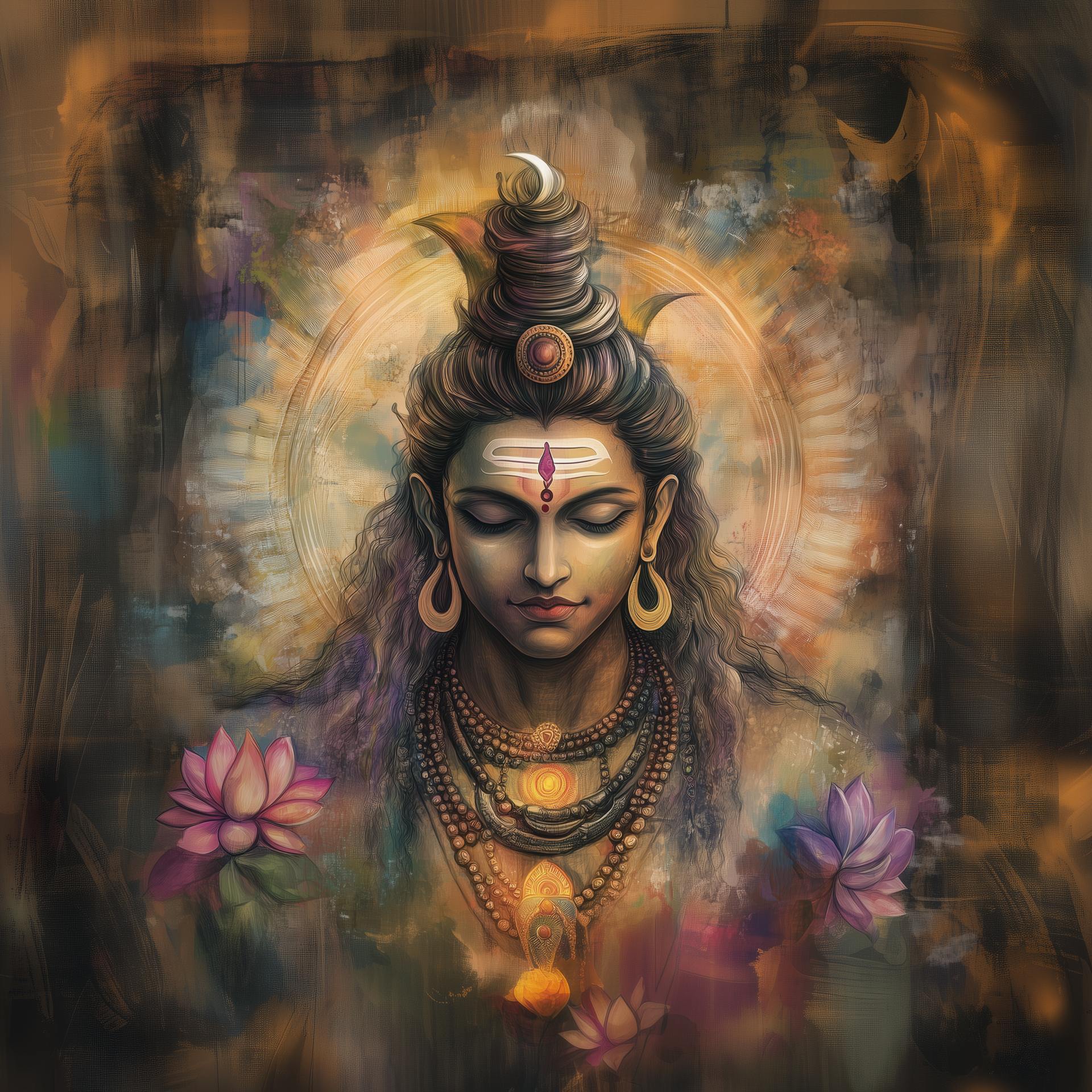 A serene meditating deity portrait with closed eyes, topknot, gold jewelry, and pink lotus flowers in warm tones