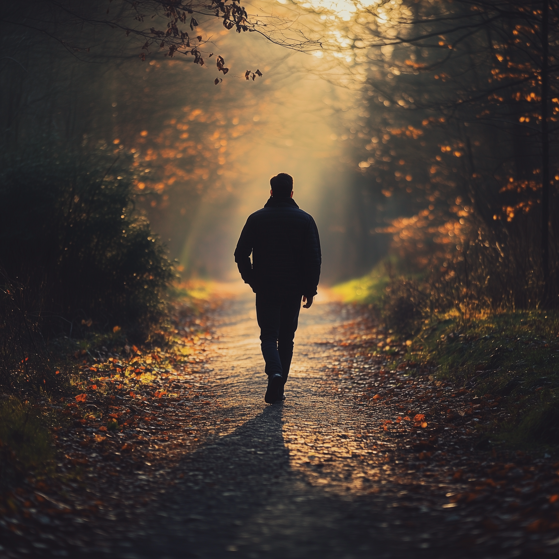 Silhouetted person walking down a sunlit forest path in autumn