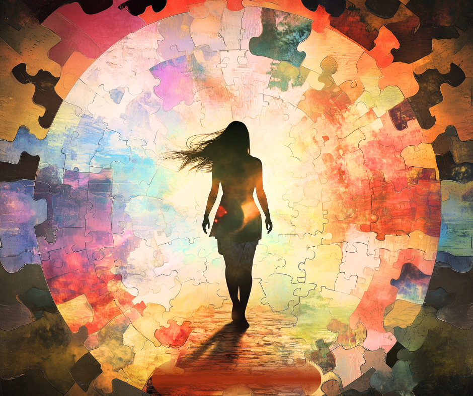 Silhouette walking through a bright, colorful tunnel of gears and abstract light