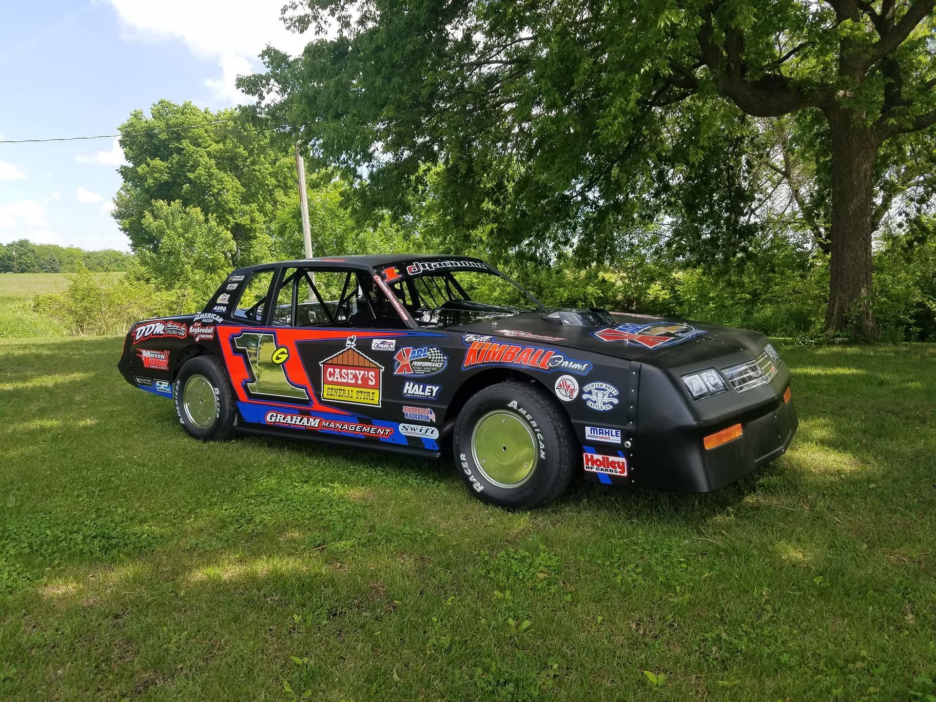 Black race car with colorful sponsor decals parked on grass under trees