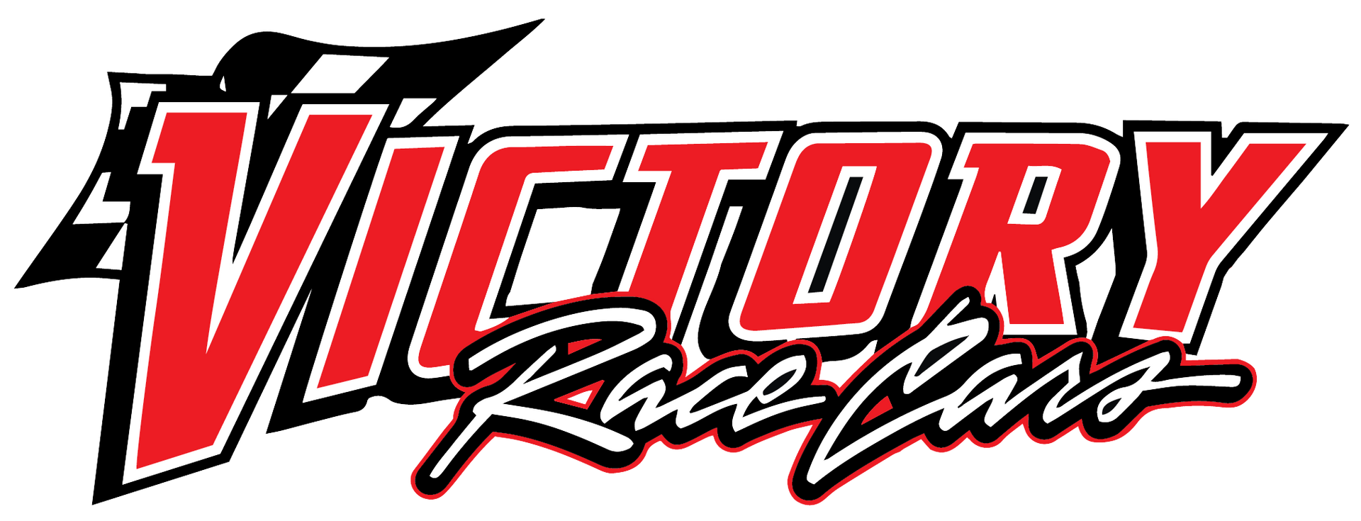 A red and black logo for victory race cars on a white background.