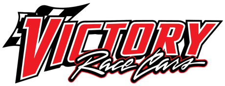 A red and black logo for victory race cars on a white background.