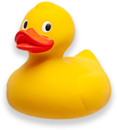 Yellow rubber duck with red beak and black eyes.