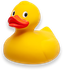 Yellow rubber duck with red beak and black eyes.