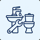 Icona stilizzata blu raffigurante un lavandino, una chiave inglese e un WC, a rappresentare una riparazione idraulica.