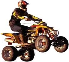 Person riding a yellow ATV, front tires lifted off the ground.
