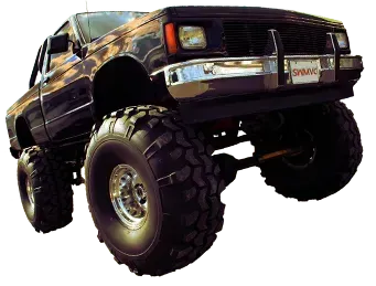 Black monster truck with oversized tires, lifted suspension, and chrome accents.
