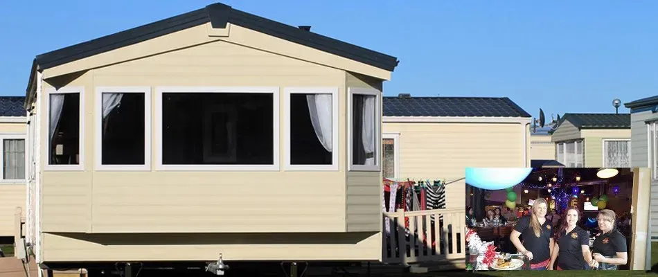 A row of beige mobile homes, inset photo of people at a bar outside.