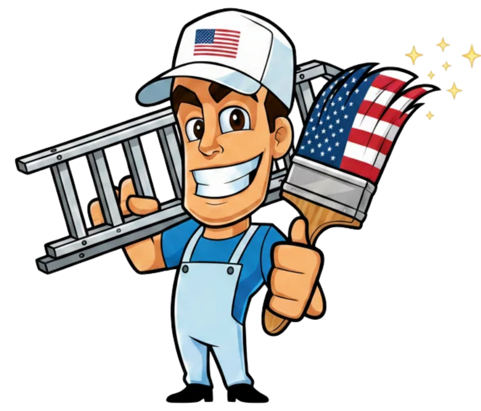 Smiling painter in white cap and blue overalls holding a ladder and paintbrush with a U.S. flag motif