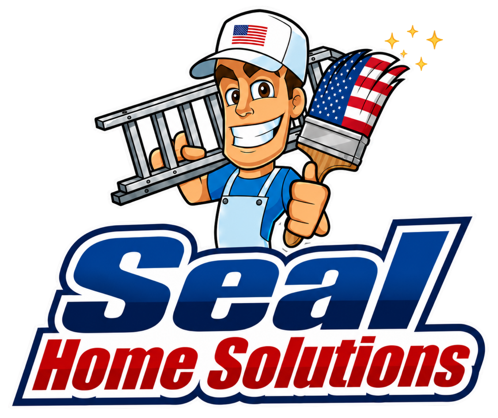 Seal Home Solutions logo with smiling handyman holding ladder and American flag paintbrush