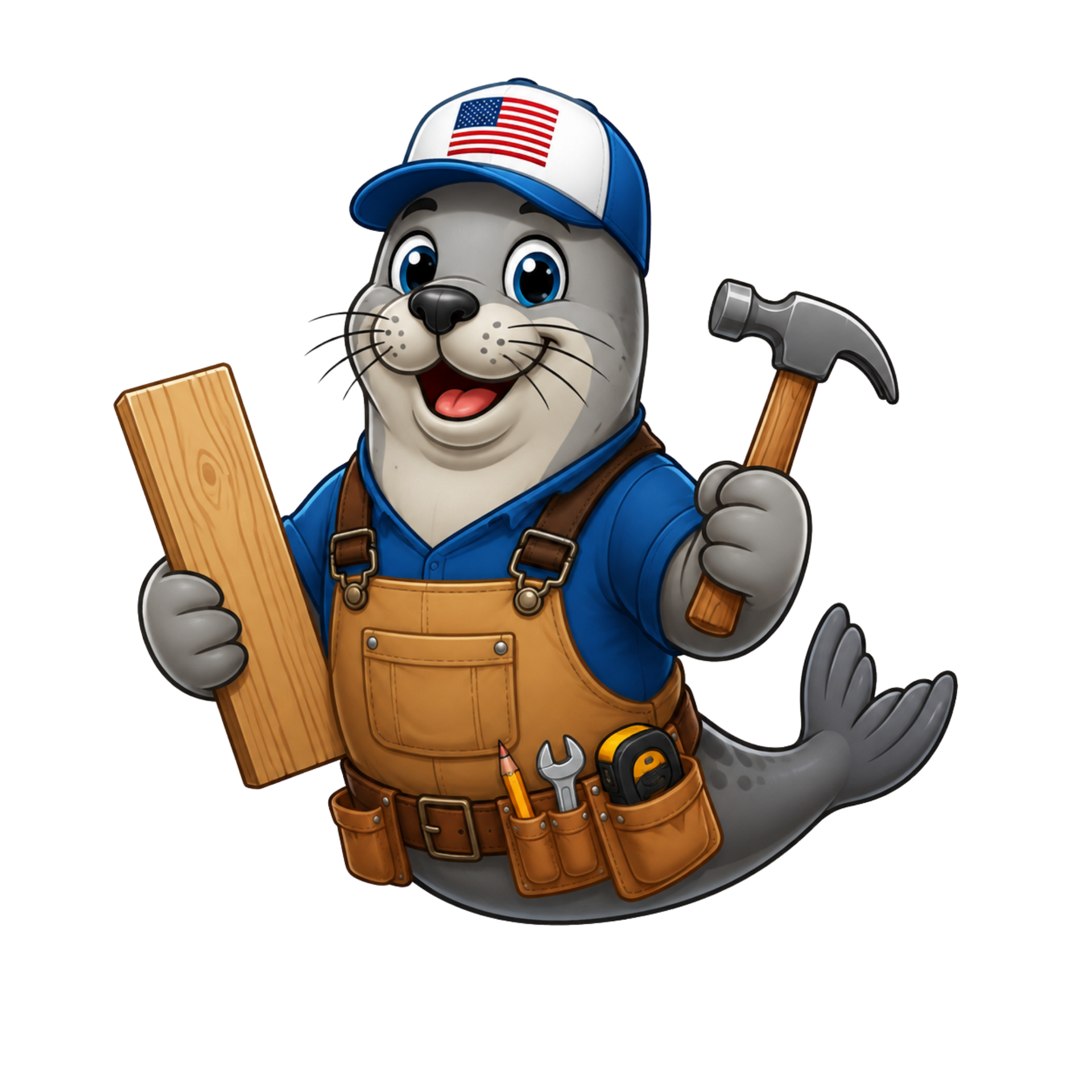 Smiling painter in white cap and blue overalls holding a ladder and paintbrush with a U.S. flag motif