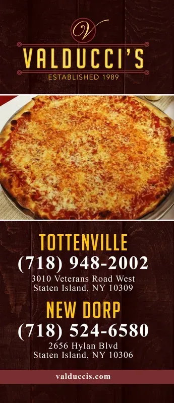 Valducci’s pizza ad with cheese pizza photo and Tottenville/New Dorp phone numbers