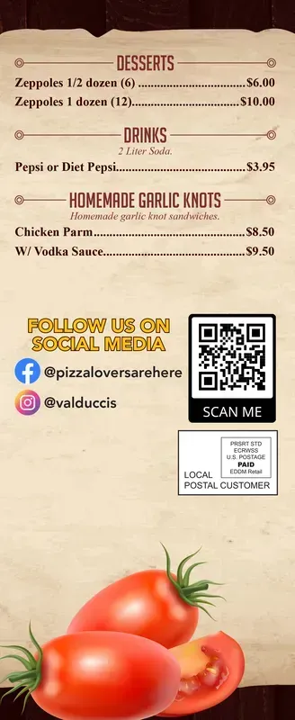 Menu flyer with dessert and drink prices, social media QR code, and tomatoes at the bottom.