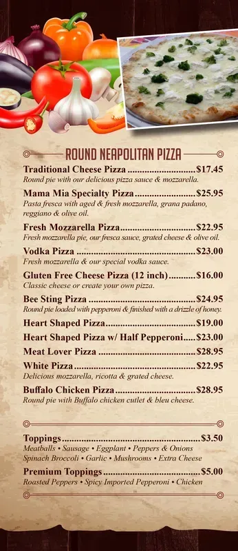 Pizzeria menu with pizza photo, vegetables, and list of specialty pies and prices