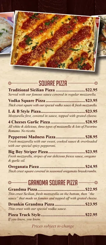 Close-up of a restaurant pizza menu with a pizza photo at the top and item listings below.