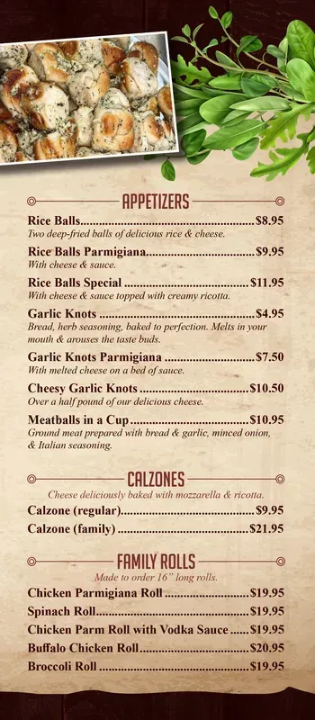 Restaurant menu with appetizer, entree, and family-dinner sections beside a photo of a savory dish