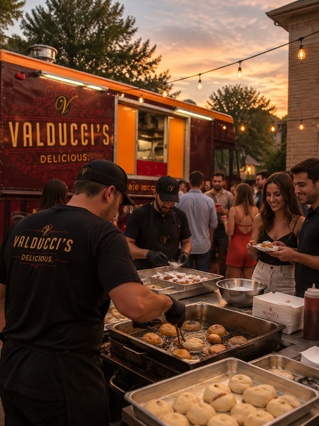 Chef serving food at an outdoor evening market beside a lit food truck with a crowd nearby