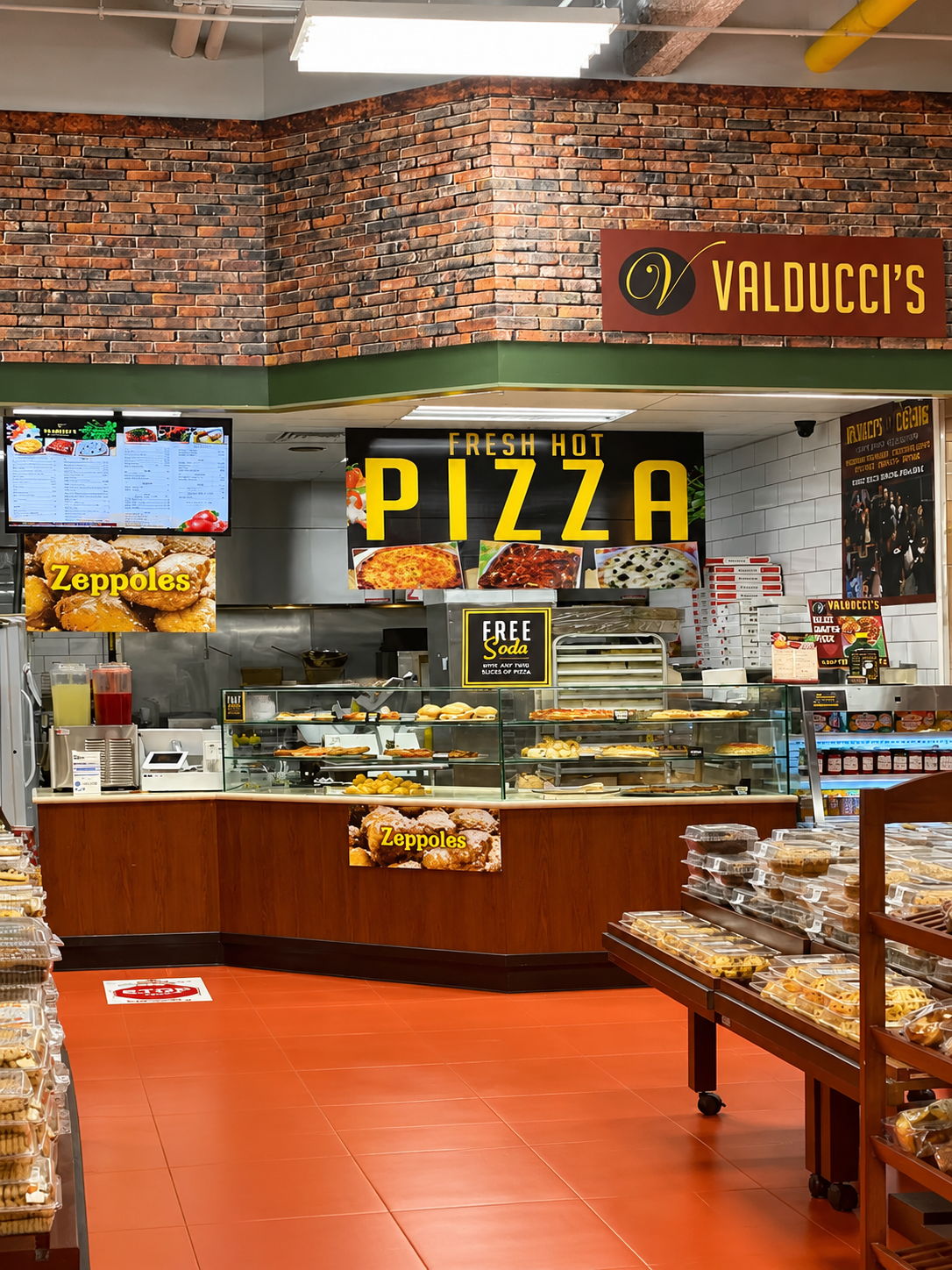 Pizza shop interior with red tile floor, brick walls, and a counter displaying food and a large pizza sign
