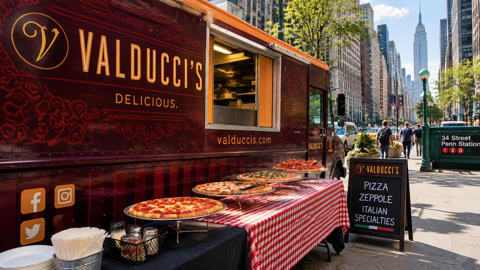 Food truck with red checkered tablecloth and pizza display on a city street with skyscrapers in the background