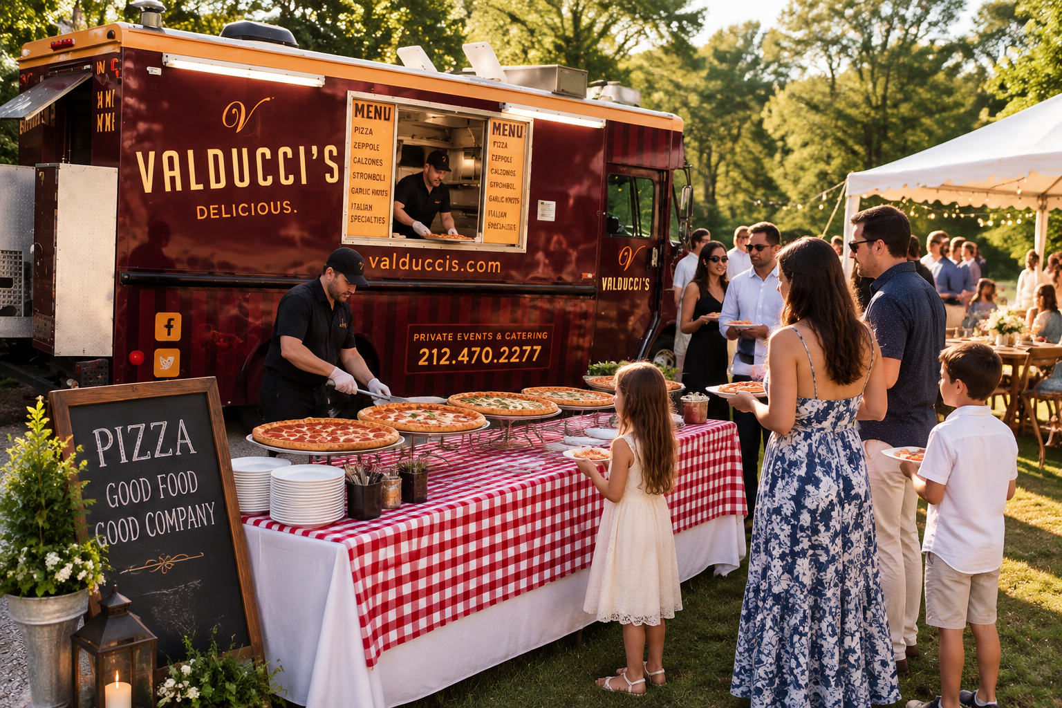 Red food truck serving pizza at an outdoor market, with customers waiting at a checkered table.