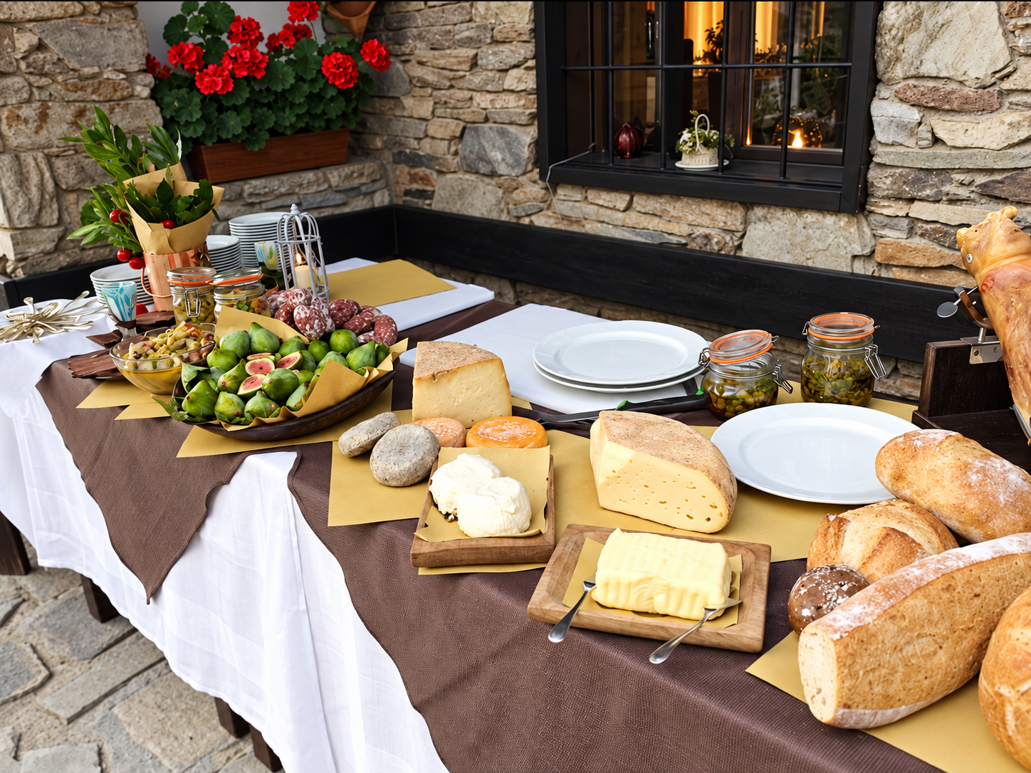 Buffet table with assorted breads, cheese, fruit, and salad set against a stone wall outdoors