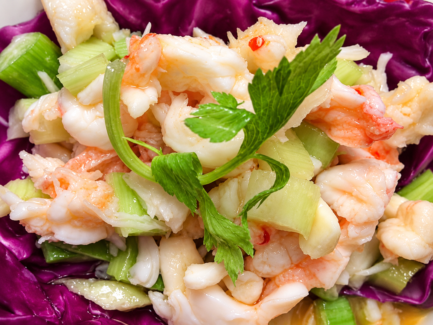 Shrimp salad with cucumber, purple cabbage, and parsley leaves