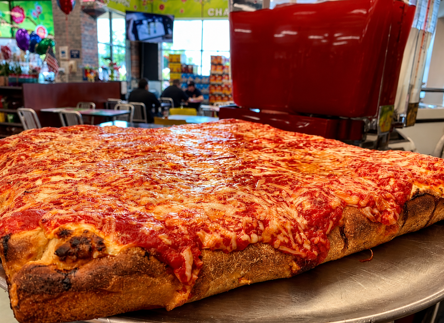 Large rectangular cheese pizza on a metal tray in a casual restaurant interior.