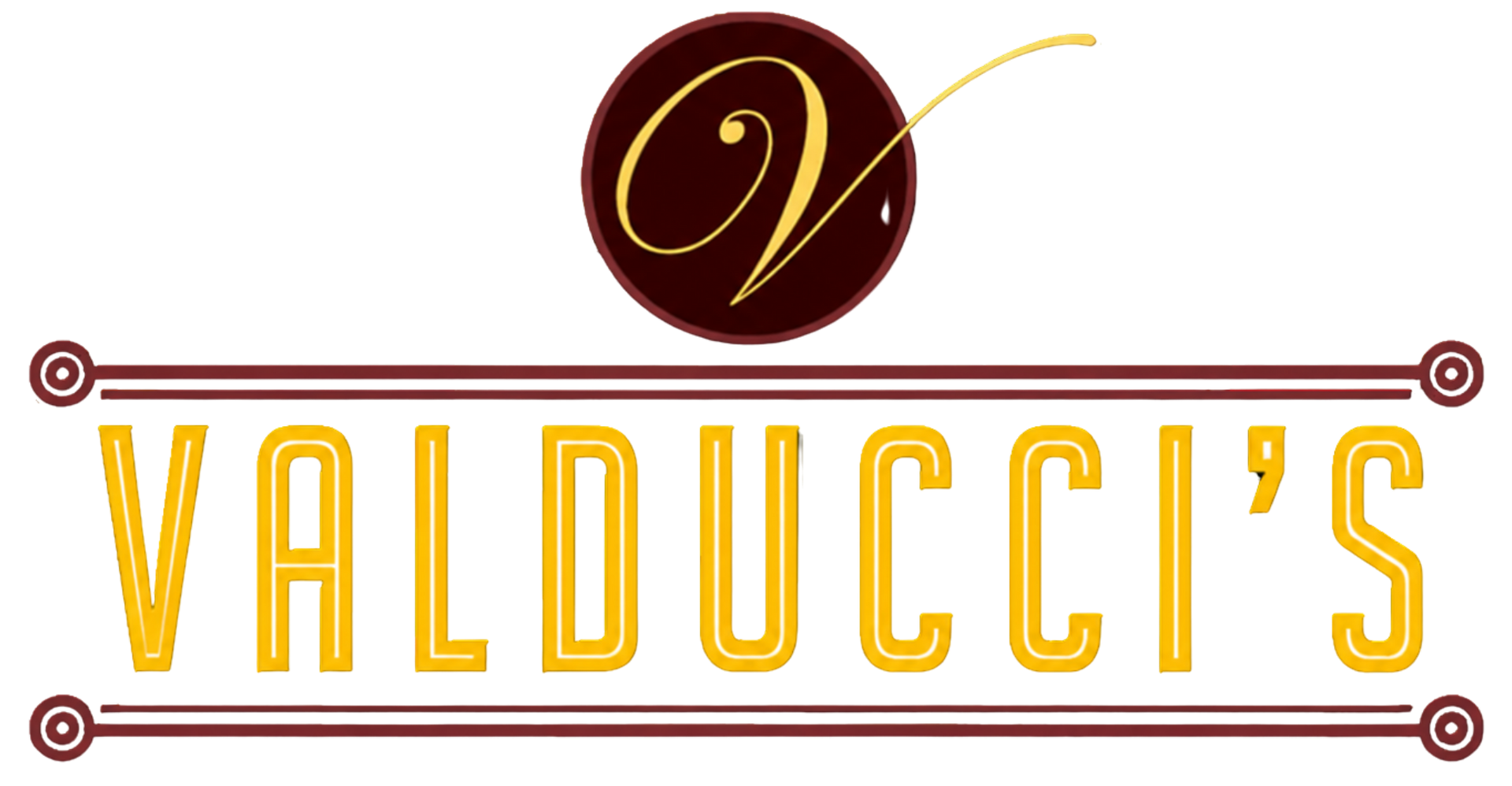 Valducci’s logo with gold lettering and a maroon circular emblem on a white background