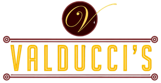 Valducci’s logo with gold lettering and a maroon circular emblem on a white background