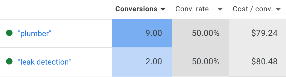 A table showing plumber lead costs on Google Ads.