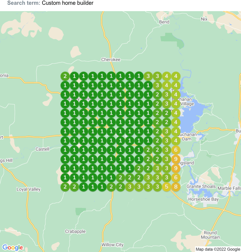 A map with a lot of green circles on it