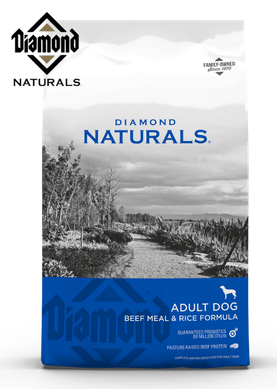 A bag of Diamond Naturals Adult Dog Beef Meal & Rice Formula dry food against a white background.