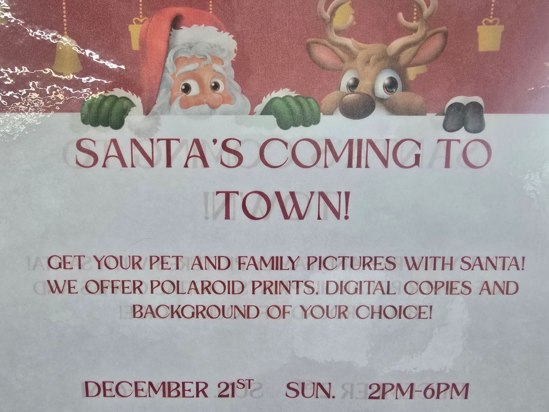 Event flyer for pet and family photos with Santa on December 21st, Sunday, from 2pm-6pm. Includes polaroid and digital.