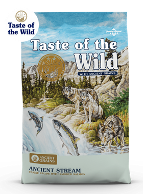 A bag of Taste of the Wild Ancient Stream dog food featuring an illustration of wolves and salmon in a mountain stream.