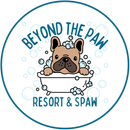 Beyond the Paw Resort & Spaw Logo for Beyond the Paw Resort & Spaw featuring a cartoon French bulldog in a soapy bathtub surrounded by bubbles.