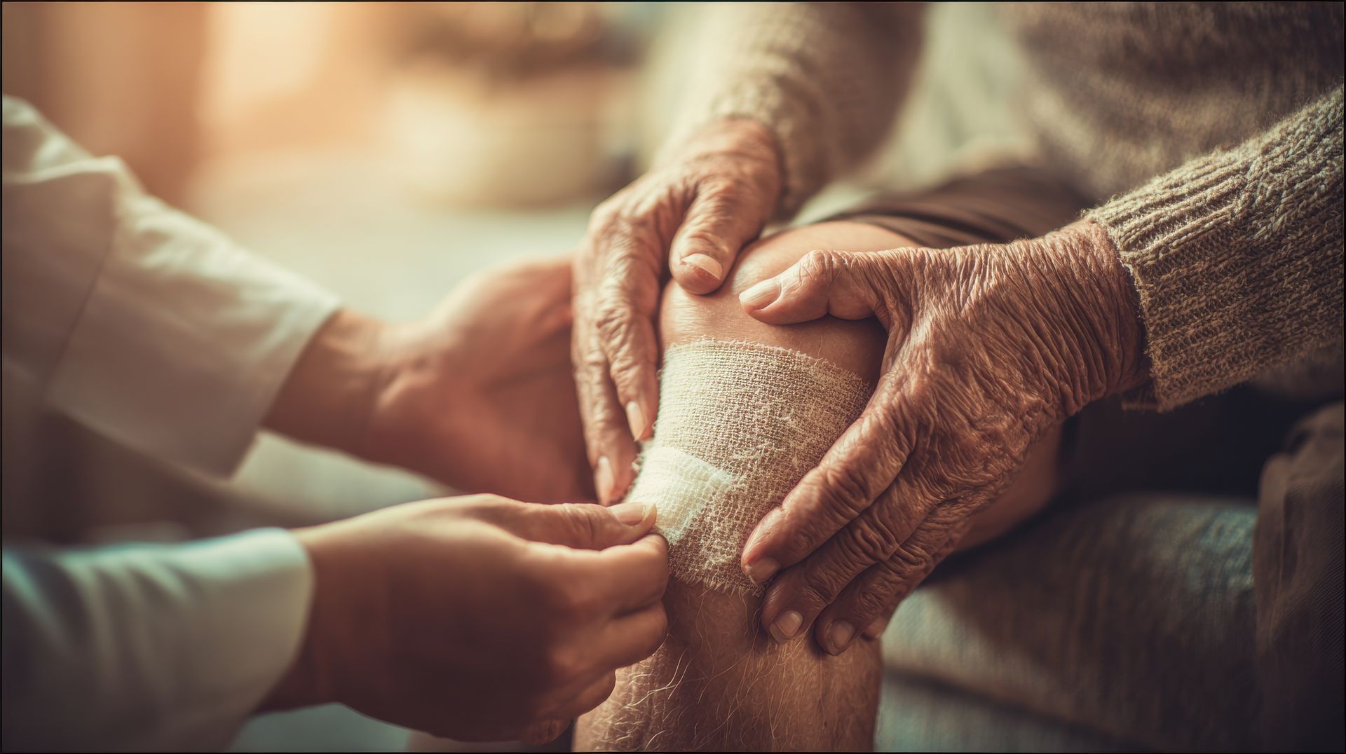 Person wrapping bandage around another person's knee.
