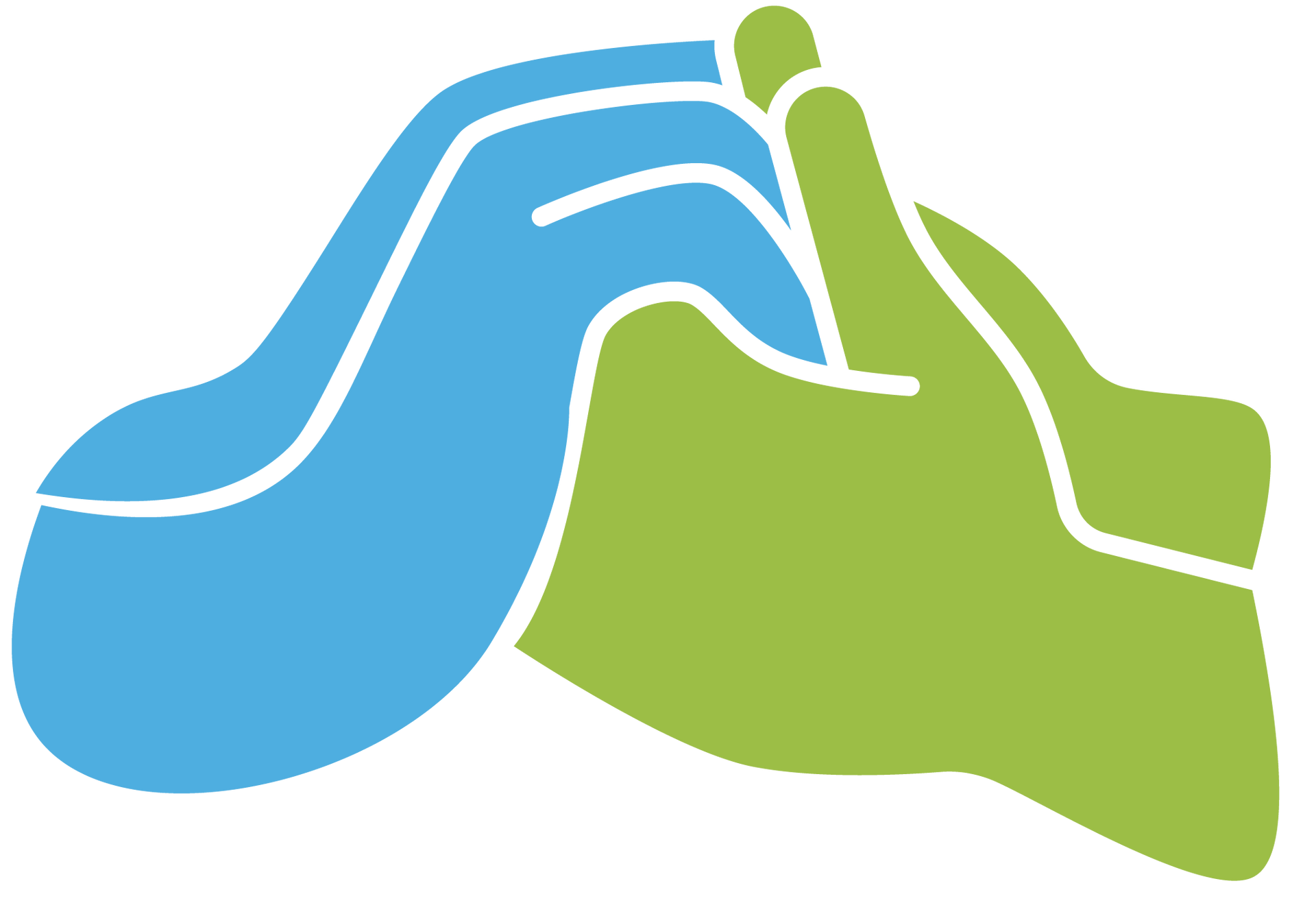 Two hands, one blue, one green, clasped together in a supportive gesture.