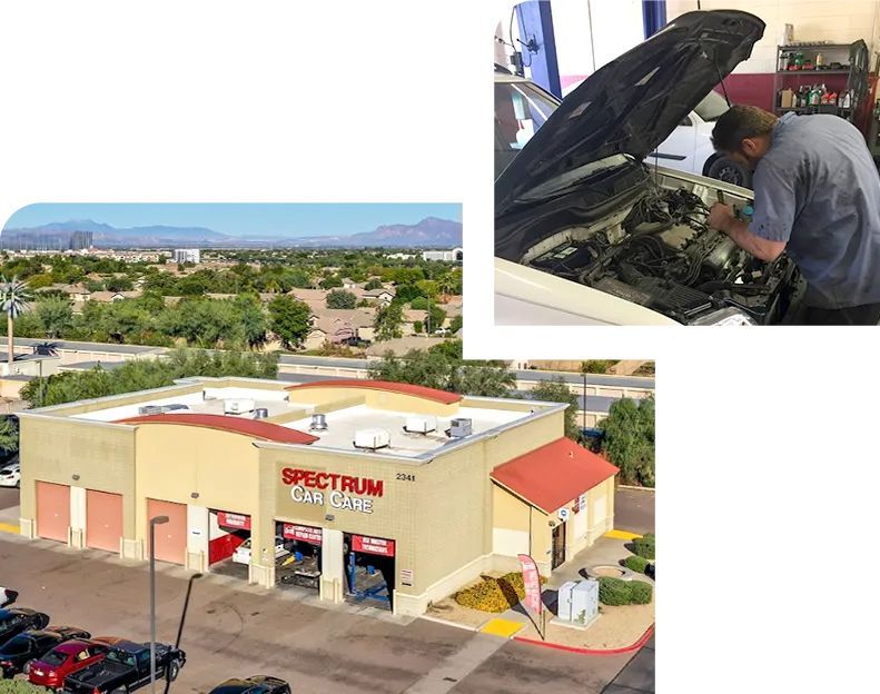 Spectrum Auto repair shop. Exterior view with mountains in the background, and mechanic working on a car.