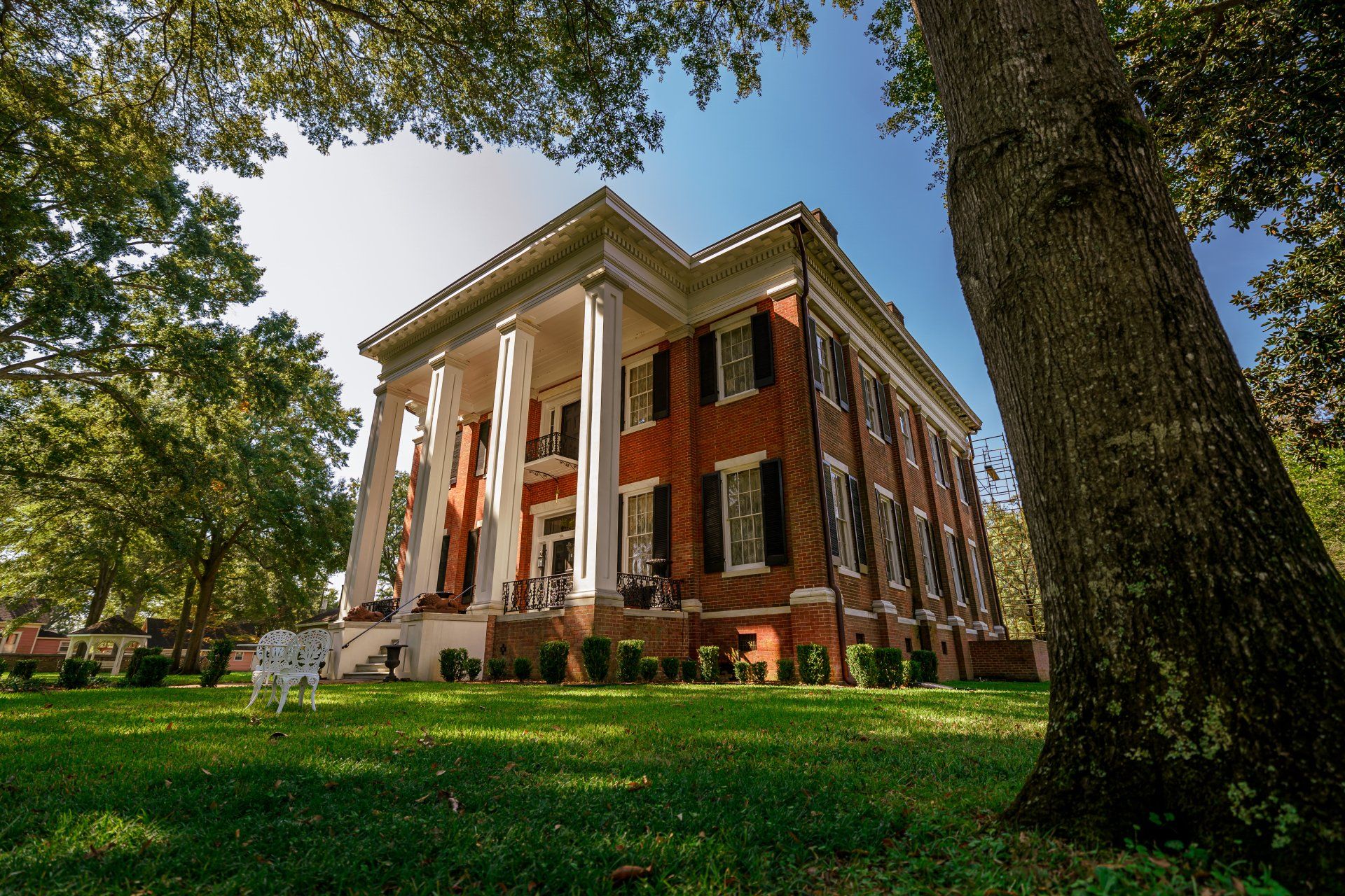 A large brick building with columns and a tree in front of it
