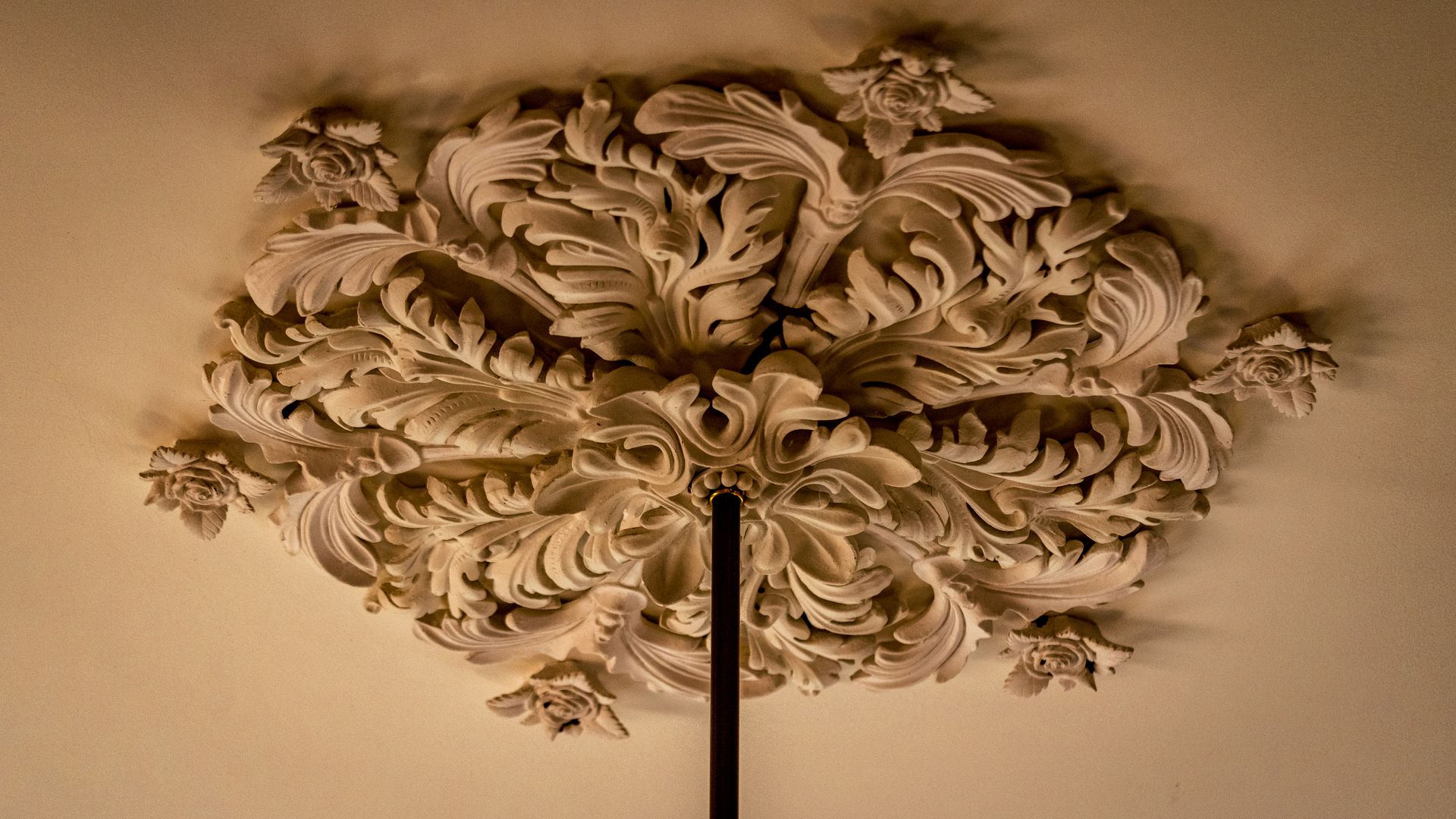 A lamp is sitting on top of a ceiling with a carving on it.
