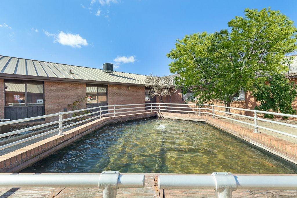 Brick building with a water feature, white railing, and a tree under a blue sky.
