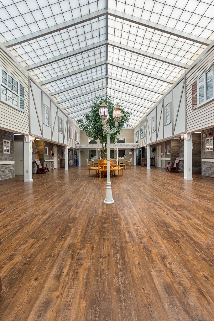 Long, bright hallway with a glass ceiling, wooden floor, and a tree centered in the middle.