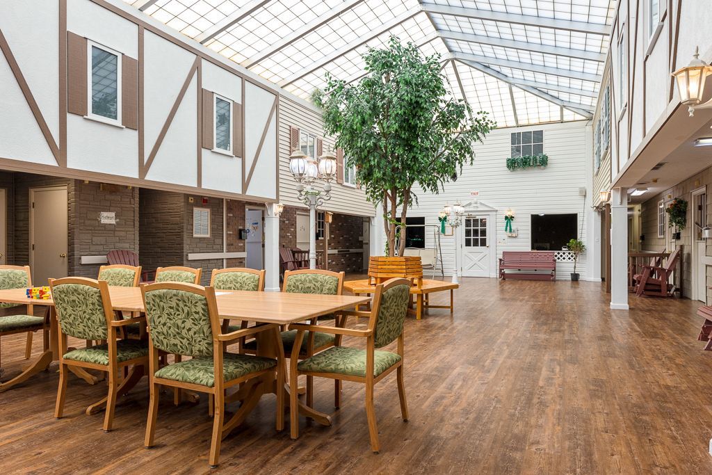 Interior of a building with a skylight, tables, chairs, and a large tree.