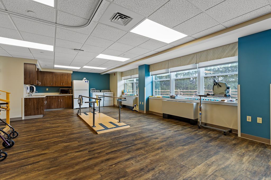 Rehab room with exercise equipment, cabinets, and large windows. Brown and blue color scheme, wood flooring.