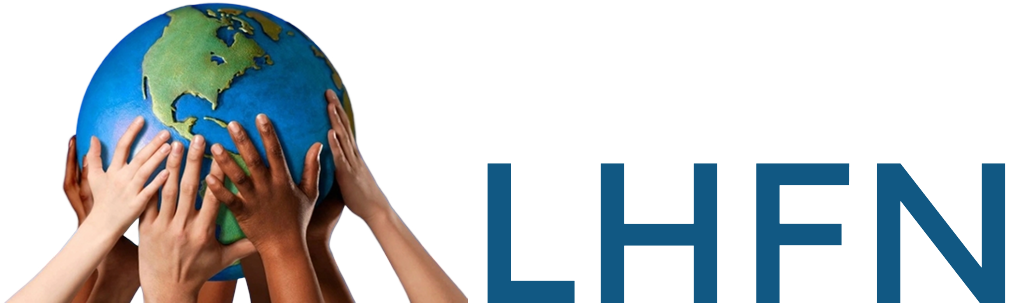 A group of hands holding a globe with the letters lhfn below it