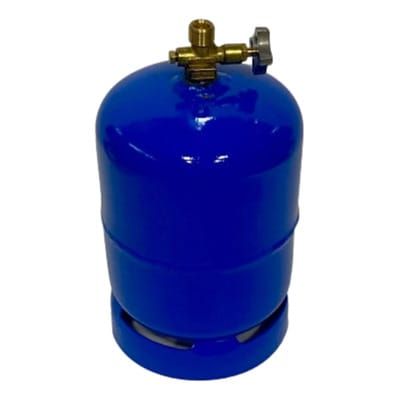 Un cilindro de gas azul con una válvula en la parte superior.