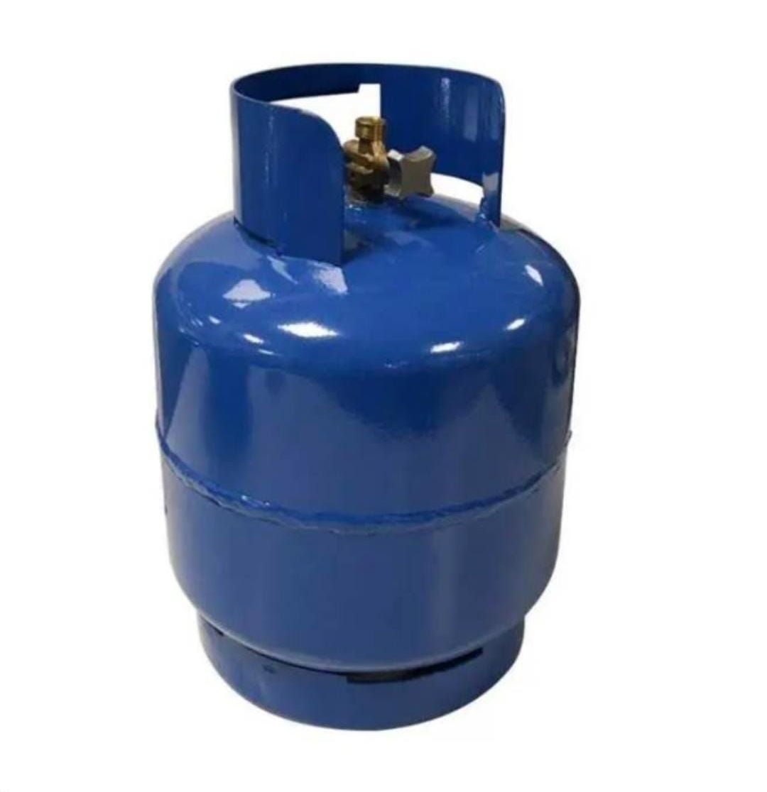 Un cilindro de gas azul con una válvula de latón en la parte superior.