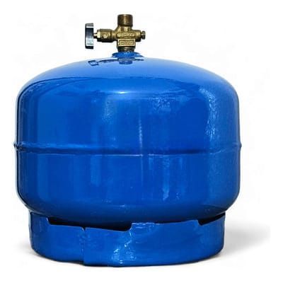 Un cilindro de gas azul con una válvula en la parte superior.