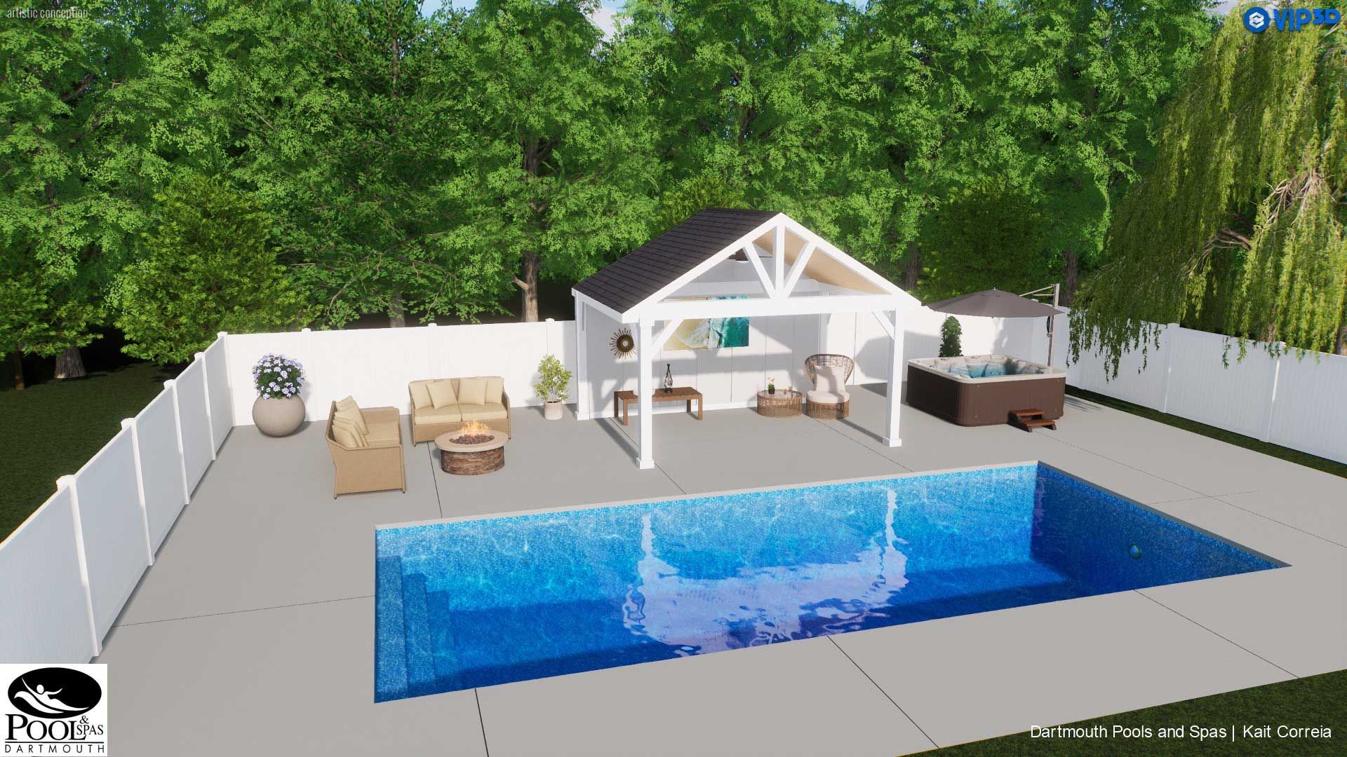 Backyard pool with white gazebo, patio seating, hot tub, and white fencing surrounded by trees