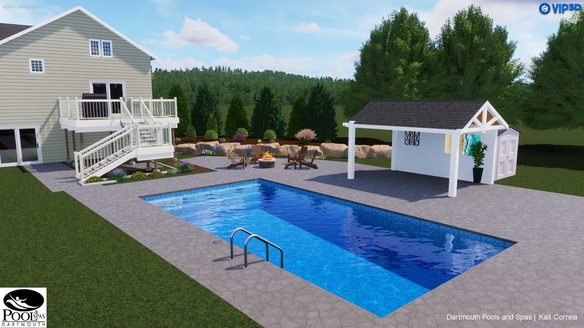 Backyard with rectangular blue pool, white deck, gazebo, patio seating, and grassy lawn